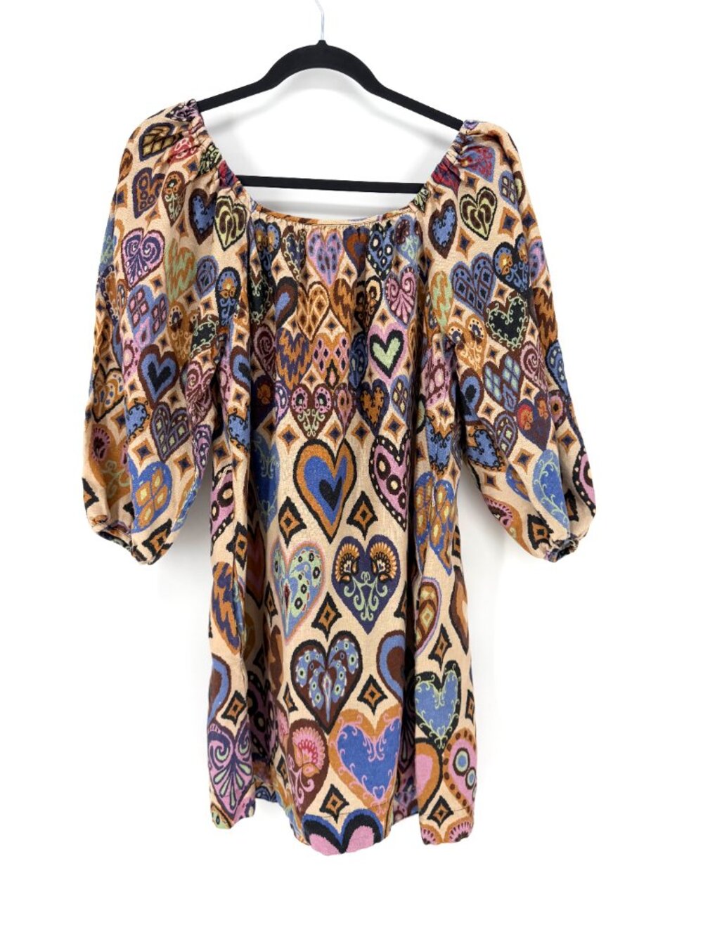 FARM Rio Ikat Heart 100% Linen Puff Sleeve Mini Dress Size L - Picture 5 of 9